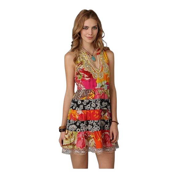 Free People Tiered Patchwork Paisley Necklace Tie Back Colorful Trapeze Dress M - Picture 1 of 6